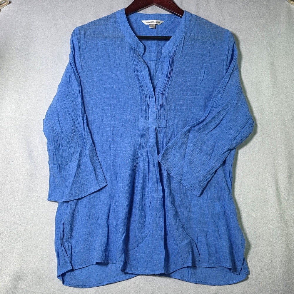 Counterparts Women Blue Pintuck Crinkle 3/4 Sleeve Tunic Top XL 911272HA